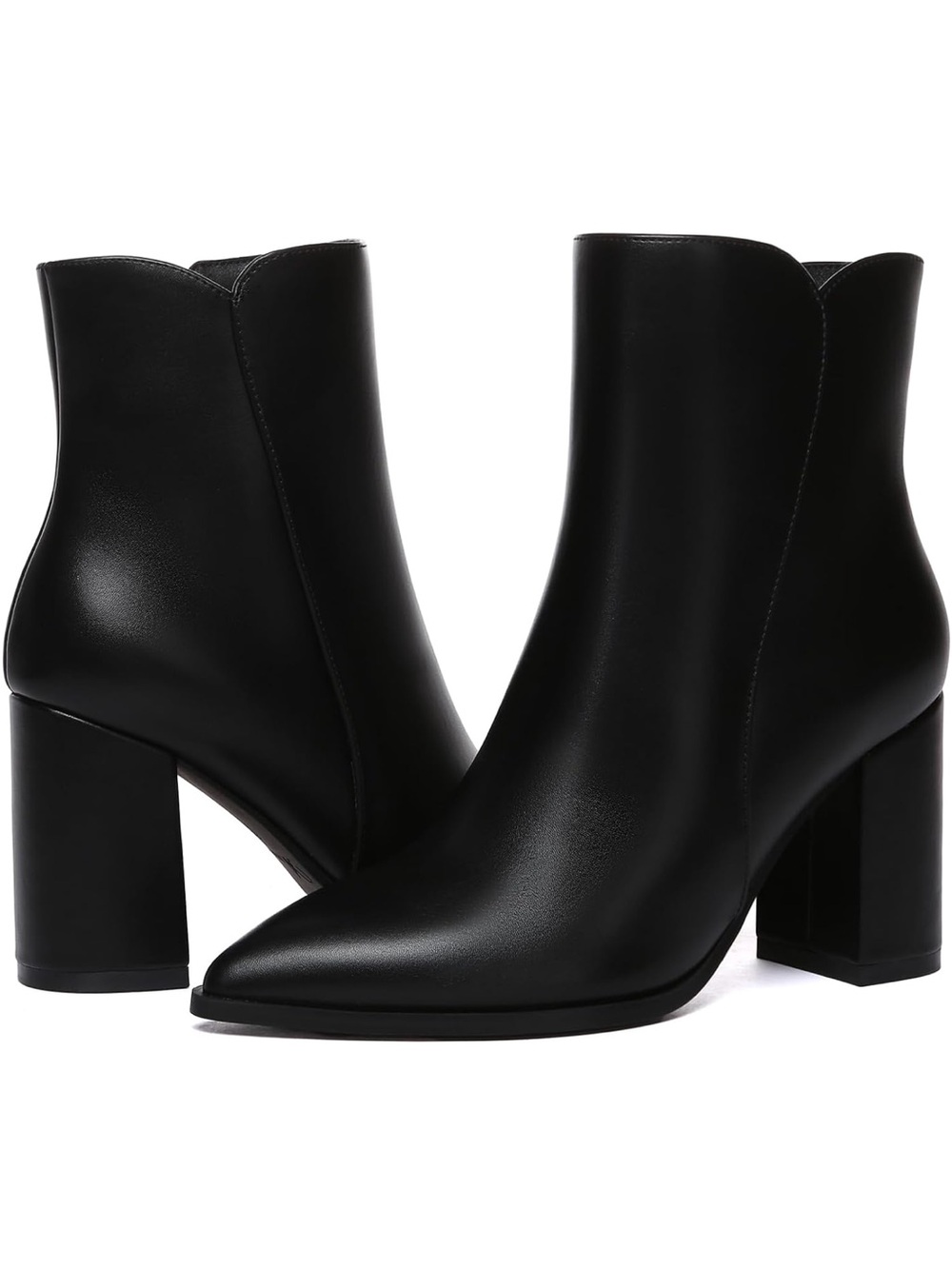 Women's Black Leather Pointed Toe Block Heel Ankle Boots